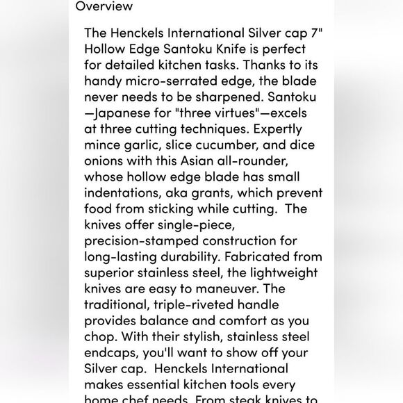 Henckels Silvercap Fine Edge 7" Hollow Edge Santoku Knife - Picture 3 of 6